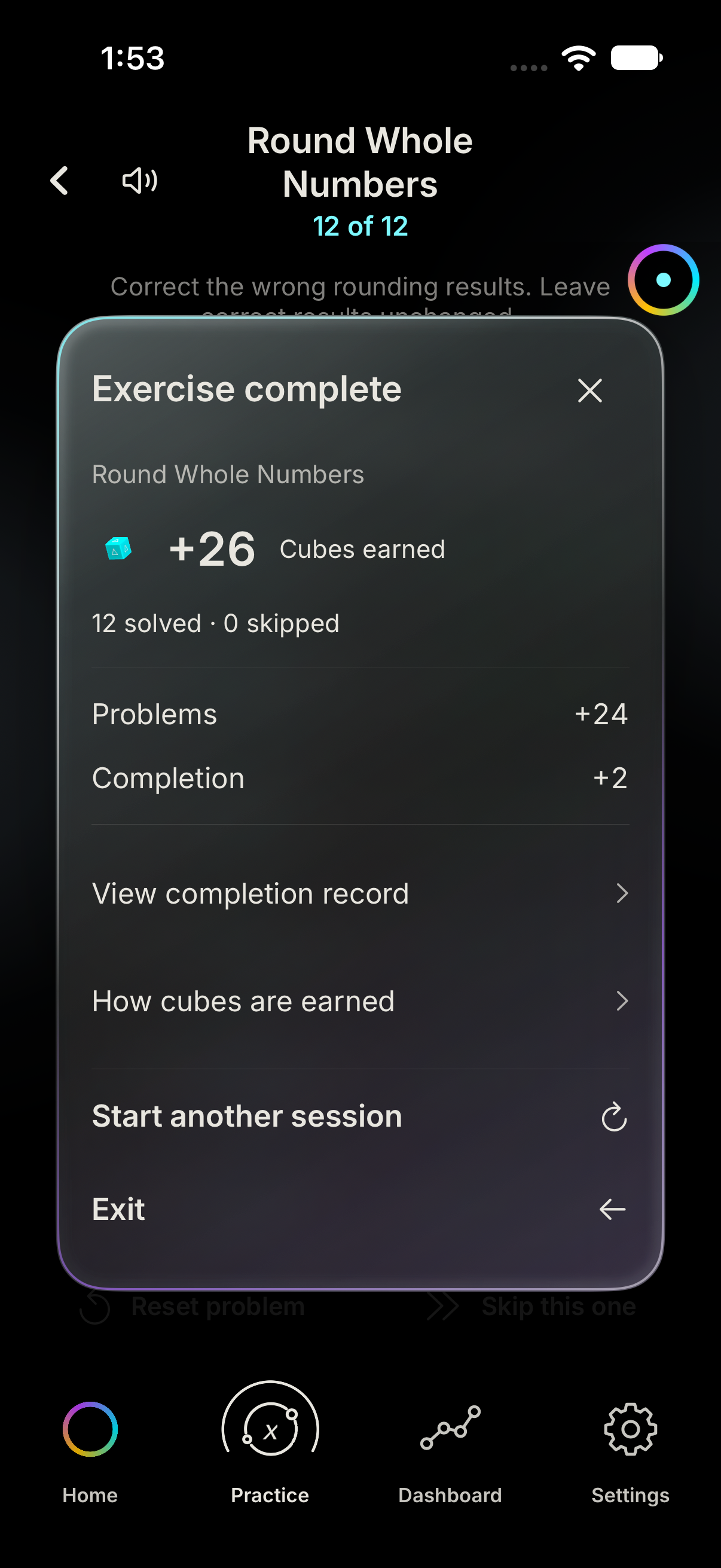 Round Whole Numbers Audit completion: 12 solved, 0 skipped, 26 cubes earned; 24 for problems and 2 for completion.