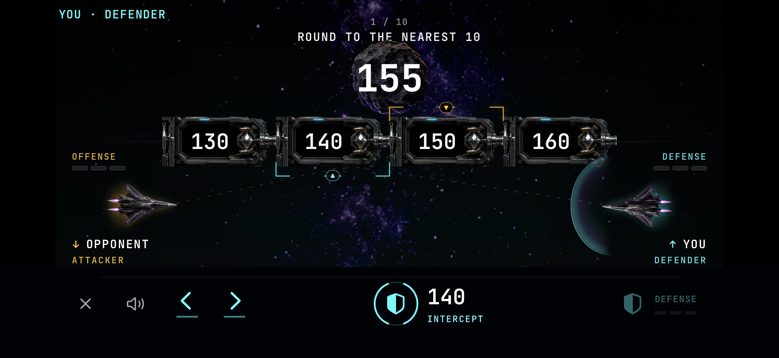 Player one is the defender, with cyan Intercept controls. The same match asks both players to round 155 to the nearest ten.
